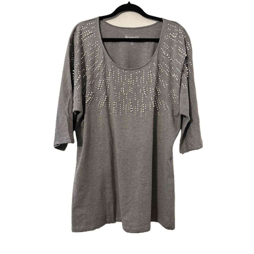 NWT Roamans Top Womens Size 1820 Grey Tunic Scoop Neck 34 Sleeves Casual Career